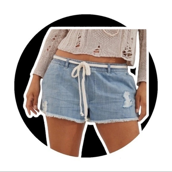 AERIE Denim Fringe Lace Distressed Shorts - Picture 2 of 6